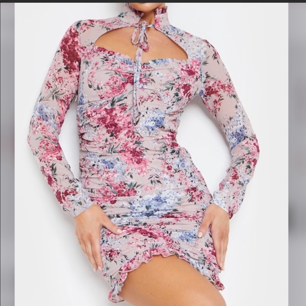 Lilac Floral High Neck Cut Out Ruched Frill Bodycon Dress